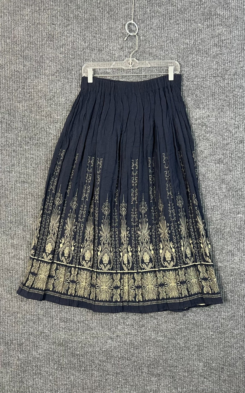 Coldwater Creek Midi Skirt Womens XS Blue Tan Bohemian Festival Pull On Artsy